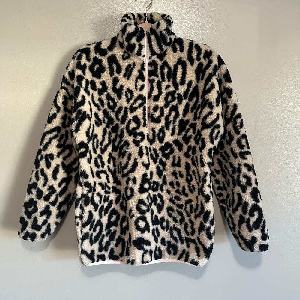 Women's S Leopard Print Fleece Quarter Zip Pullover Cold Weather Layering Heavy